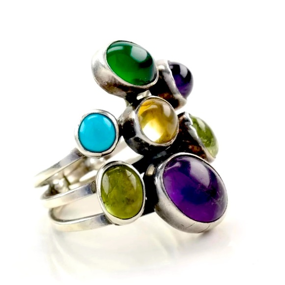 Signed - Gilo & Grace Nakai, Navajo. Vintage Multi Stone Sterling Cluster Ring - Picture 2 of 14